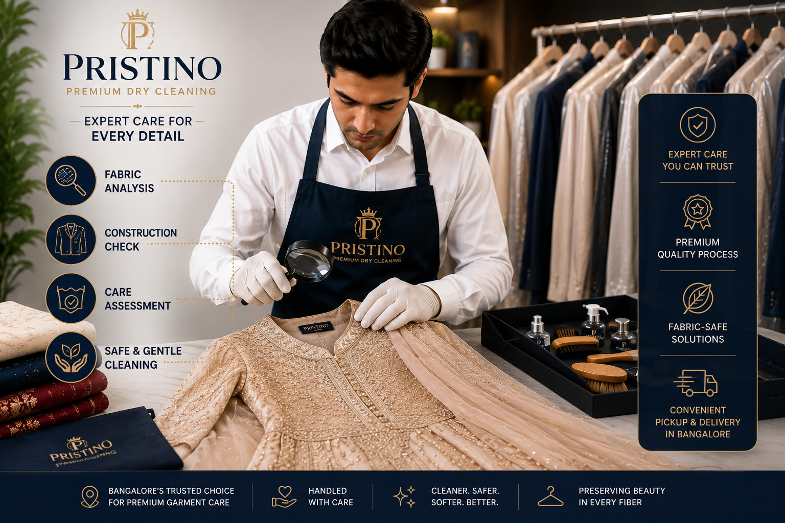 Professional garment inspection before premium dry cleaning in Bangalore